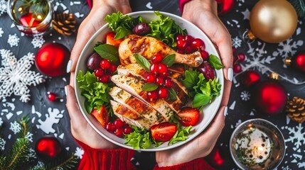  A person holds a bowl of chicken and cranberry salad above a table, surrounded by Christmas decorations and baubles, viewed from above