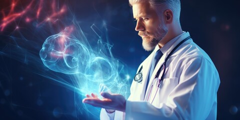 Healthcare and medical. Doctor and stethoscope touching icon DNA and digital healthcare and medical diagnosis of patient with network connection on modern hologram interface