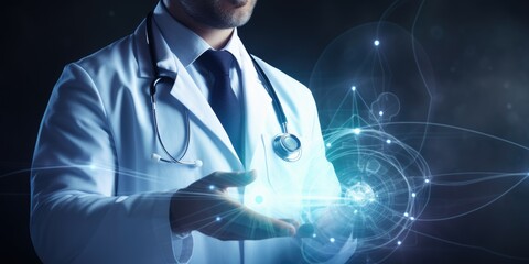 Healthcare and medical. Doctor and stethoscope touching icon DNA and digital healthcare and medical diagnosis of patient with network connection on modern hologram interface