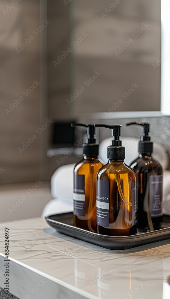 Poster close-up of three amber glass bottles with black pumps, containing shampoo and conditioner. the bott