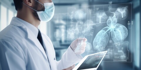 Healthcare and medicine, Covid-19, Doctor holding tablet and electronic medical record graph and statistics of infection outbreak with coronavirus pandemic spread on a global network