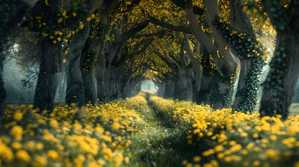 Amazing Tree Tunnel with the ground covered by yellow. The yellow and golden woods of autumn