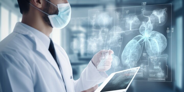 Healthcare and medicine, Covid-19, Doctor holding tablet and electronic medical record graph and statistics of infection outbreak with coronavirus pandemic spread on a global network
