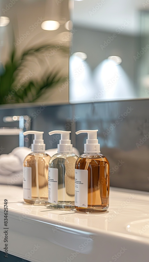 Poster Three bottles of shampoo and conditioner on a white countertop in a bathroom. Generative AI