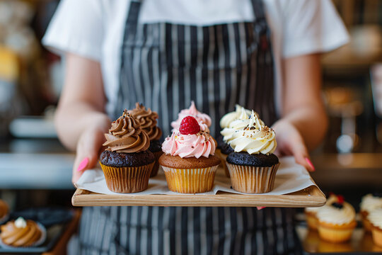 Close up of waitress carrying tray with cupcakes