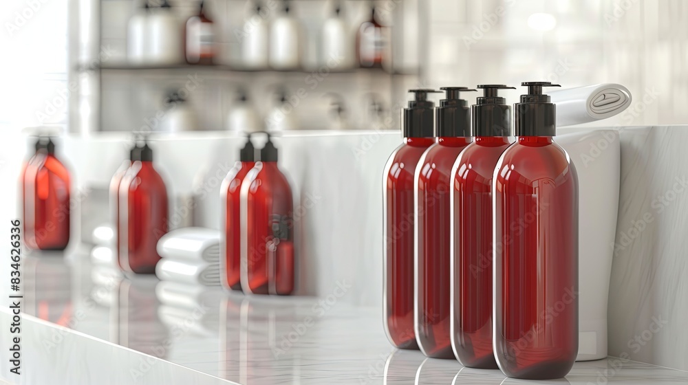 Poster close-up of stylish, red bottles of shampoo and conditioner on a bathroom counter. generative ai