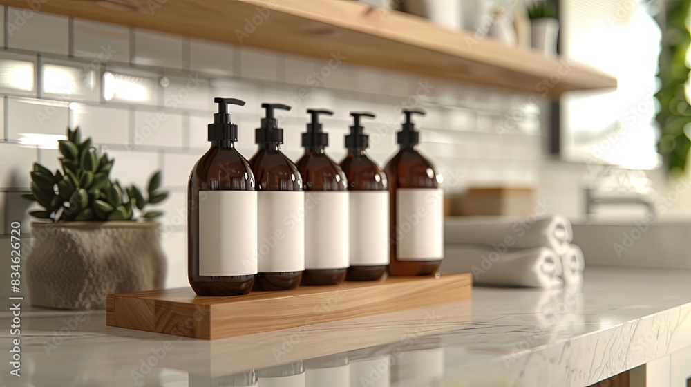 Poster close-up of five stylish bottles of shampoo and conditioner in a modern bathroom setting. generative