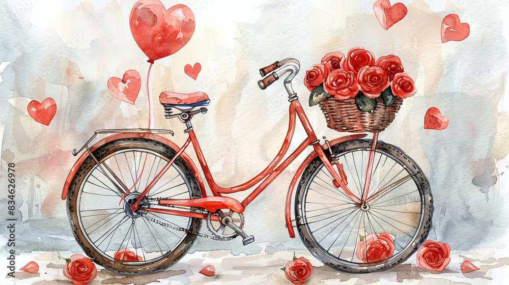 Wall mural Watercolor red bicycle with red roses and heart shape balloon, love concept