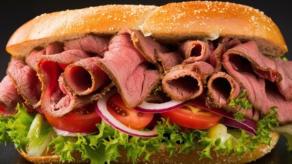 Meat sandwich pastrami roast beef vegetables sauce cheese delicious toasted bread