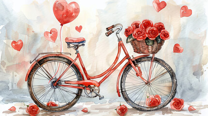 Watercolor red bicycle with red roses and heart shape balloon, love concept
