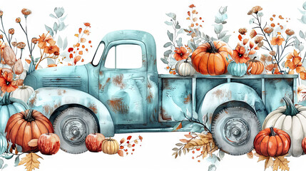 watercolor illustration of blue truck with pumpkin on the autumn plant background