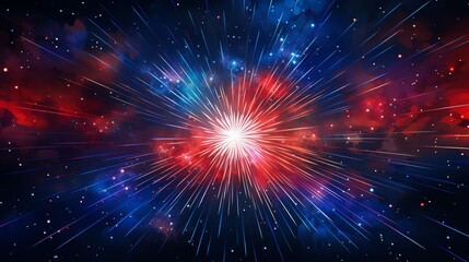 Naklejka premium Independence Day Celebration. Abstract cosmic explosion with red and blue nebulae and stars.