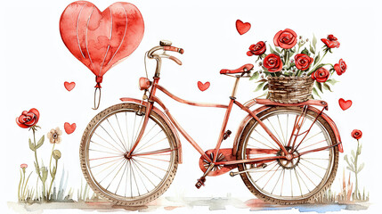 Watercolor red bicycle with red roses and heart shape balloon, love concept