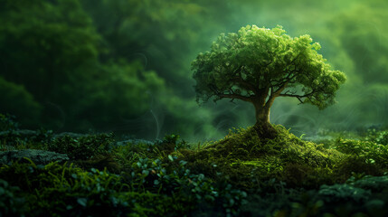 Artistic representation of a tree symbol illuminated by soft natural light, set against a lush green background, capturing the essence of nature and growth