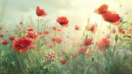 Fototapeta premium Red Poppy Flowers on Light Pastel Background with Copy Space