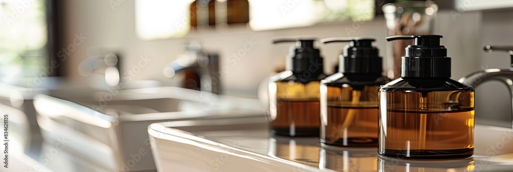 Poster three stylish amber bottles of shampoo and conditioner in a bathroom setting. generative ai
