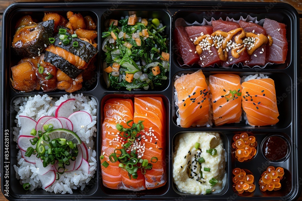 Wall mural Bento Box - A compartmentalized lunch box with rice, fish, meat, pickled vegetables, and tamagoyaki. 