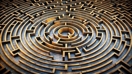 Circular maze with intricate paths and dead ends, challenging to navigate and find the center , Labyrinth, maze, intricate, complex, circular, puzzle, challenging, solution, exit, path