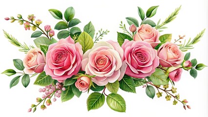 Floral branch with pink roses and green leaves for wedding concept design, Flowers, pink roses, green leaves, wedding, floral, poster, invitation, design, arrangements, greeting card
