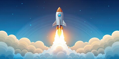 Rocket launch in sky over clouds, space ship in smoke clouds, business concept template, flat cartoon design, space travel, rocket, launch, sky, clouds, space ship, smoke, business, concept