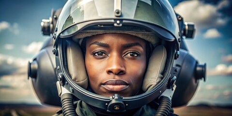 Close-up image of a black female pilot's helmet , aviation, aerospace, aircraft, woman, professional, pilot, uniform, headgear, close-up, equipment, protective, gear, safety, flight, fly