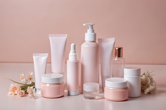 The image shows a vanity table topped with various cosmetic products.
