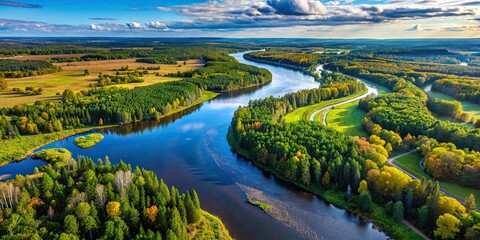 A stunning aerial view of a river in Canada with typical Canadian landscape, captured by drone , Canada, nature, river, aerial view, landscape, travel, drone, wilderness, exploration