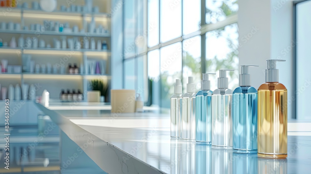 Poster a row of stylish shampoo and conditioner bottles sit on a white countertop in a modern bathroom. gen