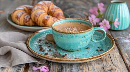 Fototapeta premium A cup of coffee on a saucer, beside plates of croissants, atop a wooden table