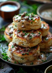 Biscuits and Gravy - Biscuits topped with creamy sausage gravy. 
