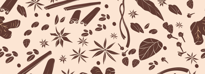 Food seamless pattern with oriental spices and coffee beans. Vector illustration
