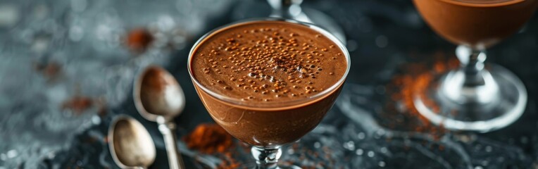 Two glass cups filled with classic chocolate mousse next to spoons on a table