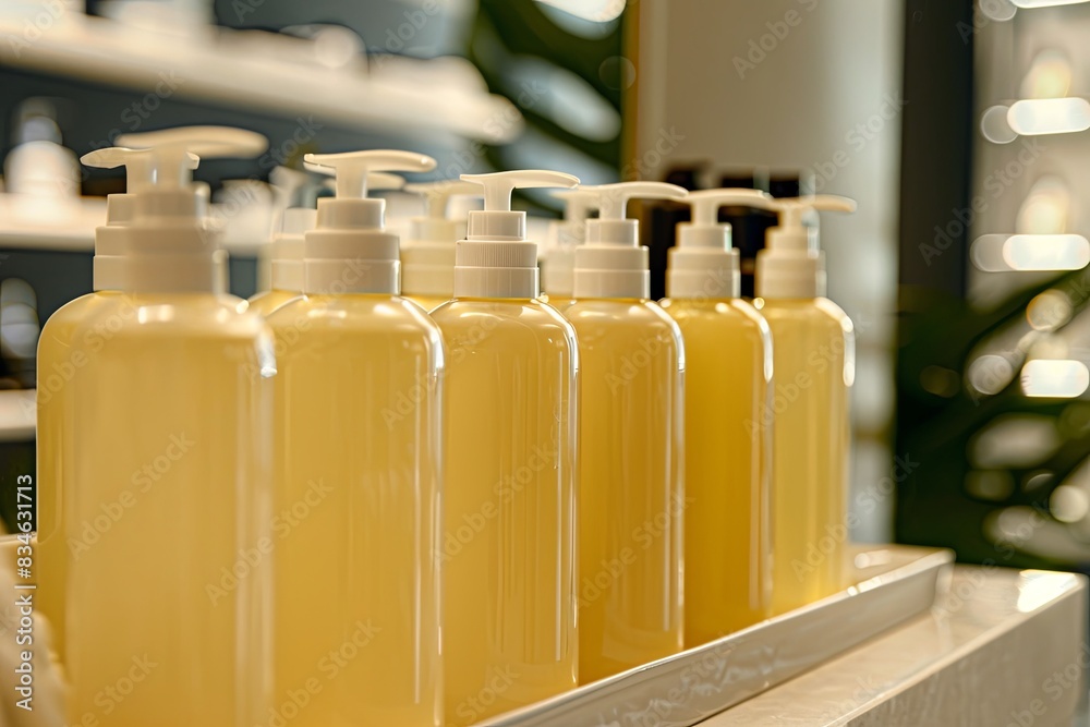 Poster A close-up of stylish shampoo and conditioner bottles arranged on a shelf in a modern salon setting. Generative AI