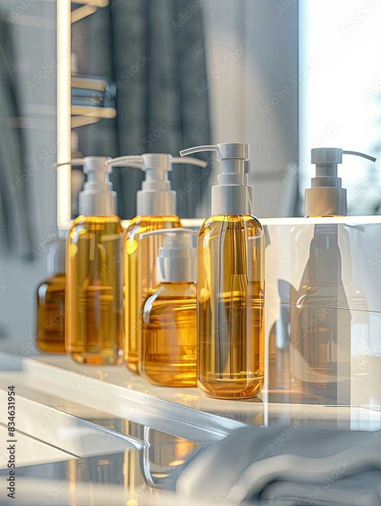Poster close-up of luxury shampoo and conditioner bottles in a modern bathroom setting. generative ai