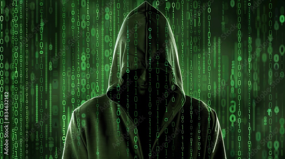 Poster man hacker in a green sports coat with a hooded jacket on his head with a binary code background in 