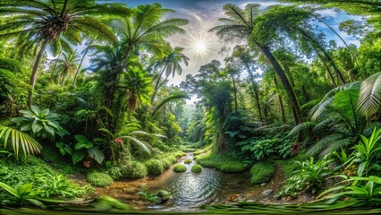 360-degree immersive tropical rainforest panorama, lush, vibrant, exotic, flora, rainforest, paradise, equirectangular, immersive, 360-degree, panorama, lush foliage