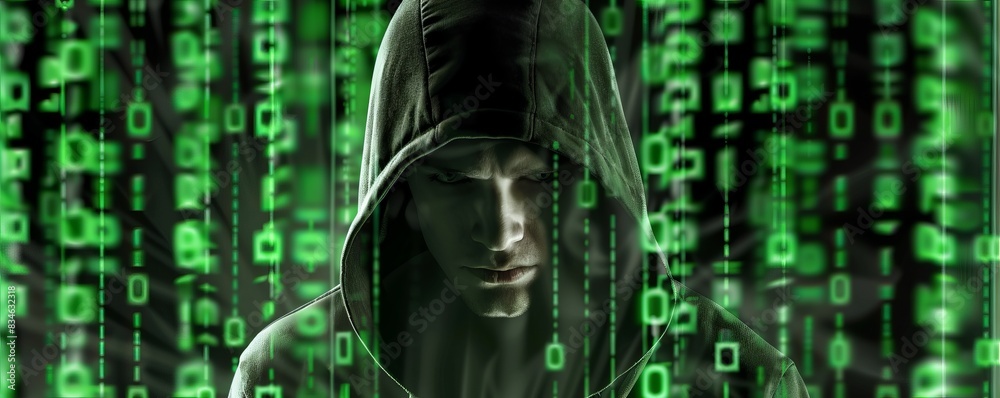 Poster hacker in a dark hooded jacket surrounded binary code background, green color theme