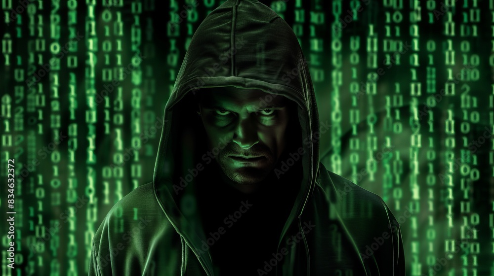 Poster hacker in a dark hooded jacket surrounded binary code background, green color theme