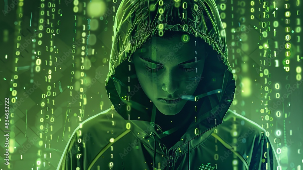 Poster hacker in a dark hooded jacket surrounded by glowing green binary code with cinematic lighting and s