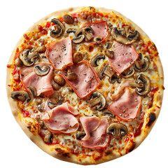 Whole pizza with ham and mushrooms, top view on white background

