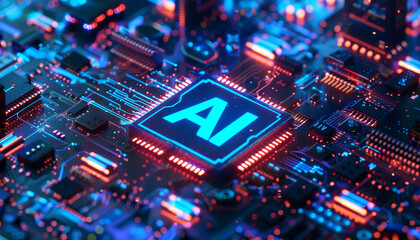 Fototapeta premium Glowing chip with AI letters, Concept of artificial intelligence technology by AI generated image