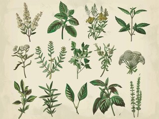 Vintage botanical illustrations of herbs and medicinal plants, detailed in an antique style.