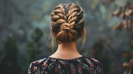 Elegant woman from behind, showing off stylish braided hairstyle. Her hair is carefully braided in a complex pattern, which adds elegance and class to the whole look.