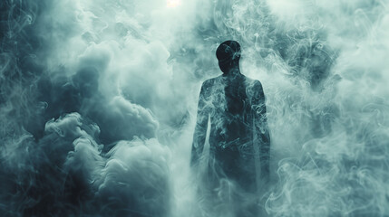 Fototapeta premium A man who stands out from the smoking storm, exuding strength and energy. His figure is surrounded by flames, which symbolize determination and perseverance in the face of difficulties.
