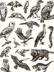 Hand-drawn elements of animals, including birds, mammals, and reptiles.