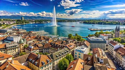 Aerial view of Geneva skyline with Jet d'eau fountain and Lake Leman from the bell tower of Saint-Pierre Cathedral on a sunny day, Geneva, Switzerland, cityscape, skyline