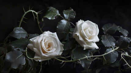 White roses are interwoven into subtle, airy vine vines, with delicate thorns on a black background.