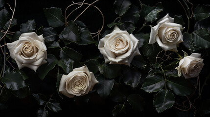 White roses are interwoven into subtle, airy vine vines, with delicate thorns on a black background.