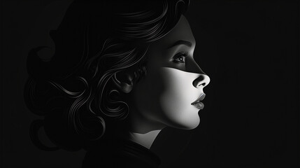 A portrait of a woman in shades of black and white that exudes a mysterious aura. Her facial expression is full of mystery and extraordinary depth, which attracts attention and arouses curiosity.