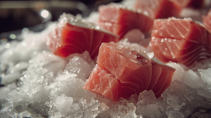 Fresh tuna steaks, artfully arranged on a bed of ice, presenting a tempting offering at the fish market.